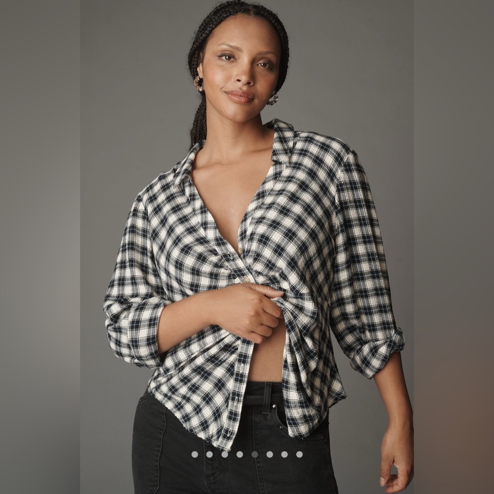Anthropologie The Keaton Ruched Collared Blouse by Pilcro in Plaid NEW - Picture 5 of 10